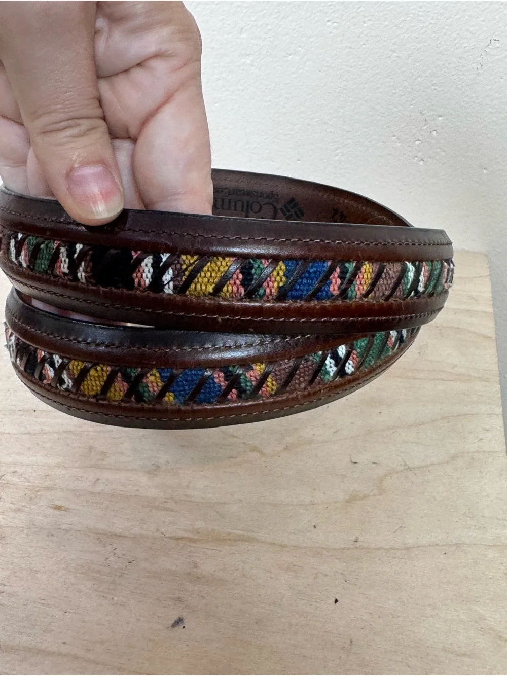 Columbia Brown Leather Belt Multicolor Woven Accents 42 Outdoor Gorpcore